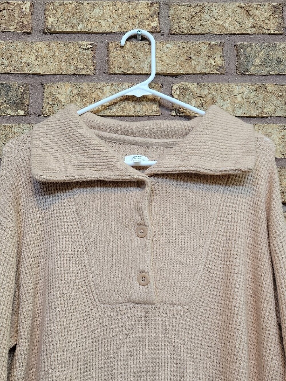Aerie Oversized Waffle Knit Collared Sweater Beige Cozy Lounge Size Small NEW - Picture 3 of 11
